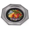 Tava vintage din metal octogonala cu broderie flori multicolore pe fundal negru, 21cm