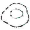 Set bratara si colier Granat neuniform 6-8mm, Piatra Lunii si Aventurin dark sfere 3-4mm, Hematit fatetat si sfera cu zirconii 6mm