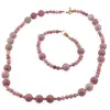 Set bratara si colier Rodonit roz sfere 4-8mm cu bumbi aurii