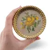 Suport pahar vintage din metal cu broderie florala galbena, 9cm, imagine 3