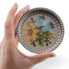 Suport pahar vintage din metal cu broderie florala albastra si galbena, 9cm, imagine 3