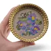 Suport pahar vintage din metal cu broderie florala mov si albastra, 9cm, imagine 3