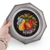 Tava vintage din metal octogonala cu broderie flori multicolore pe fundal negru, 21cm, imagine 3