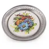 Suport pahar vintage din metal cu insertie decor flori albastre, 19cm