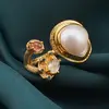 Inel din argint 925 placat cu aur 14k cu Perla de cultura si cristale incrustate, model ramura deschisa - marimea 59, imagine 3