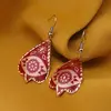 Cercei din cupru forma frunza, model mandala si flori rosii, imagine 2