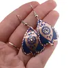 Cercei din cupru forma frunza, model mandala si flori albastre, imagine 3