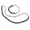 Set colier si bratara Turmalina neagra si Opal alb patratele 4-5mm cu sfere de Opal dendritic 4mm si Hematit auriu 6mm