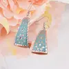 Cercei din cupru trapezoidali, model doua flori pe fundal bleu, imagine 2