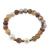 Bratara pe elastic Perle de cultura, bumbi aurii si Agat maro patat sfere fatetate 8mm