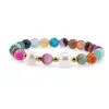 Bratara pe elastic Perle de cultura, bumbi aurii si Agat multicolor dantelat sfere fatetate 8mm, imagine 2