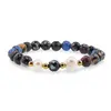 Bratara pe elastic Perle de cultura, bumbi aurii si Agat multicolor patat sfere fatetate 8mm, imagine 2