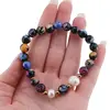 Bratara pe elastic Perle de cultura, bumbi aurii si Agat multicolor patat sfere fatetate 8mm, imagine 3
