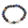 Bratara pe elastic Perle de cultura, bumbi aurii si Agat multicolor patat sfere fatetate 8mm