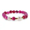 Bratara pe elastic Perle de cultura, bumbi aurii si Agat roz sfere fatetate 8mm, imagine 2