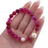 Bratara pe elastic Perle de cultura, bumbi aurii si Agat roz sfere fatetate 8mm, imagine 3