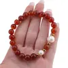 Bratara pe elastic Perle de cultura, bumbi aurii si Carneol sfere 8mm, imagine 3