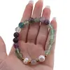 Bratara pe elastic Perle de cultura, bumbi aurii si Fluorit sfere 8mm, imagine 3