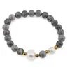 Bratara pe elastic Perle de cultura, bumbi aurii si Jasp earth sfere 8mm
