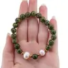 Bratara pe elastic Perle de cultura, bumbi aurii si Jasp sesame verde sfere 8mm, imagine 3
