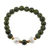 Bratara pe elastic Perle de cultura, bumbi aurii si Jasp sesame verde sfere 8mm
