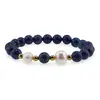 Bratara pe elastic Perle de cultura, bumbi aurii si Lapis lazuli sfere 8mm, imagine 2