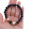 Bratara pe elastic Perle de cultura, bumbi aurii si Ochi de tigru mov sfere 8mm, imagine 3