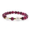 Bratara pe elastic Perle de cultura, bumbi aurii si Ochi de tigru roz sfere 8mm, imagine 2