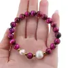 Bratara pe elastic Perle de cultura, bumbi aurii si Ochi de tigru roz sfere 8mm, imagine 3