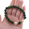 Bratara pe elastic Perle de cultura, bumbi aurii si Ochi de tigru verde sfere 8mm, imagine 3