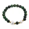 Bratara pe elastic Perle de cultura, bumbi aurii si Ochi de tigru verde sfere 8mm