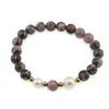 Bratara pe elastic Perle de cultura, bumbi aurii si Rodonit sfere 8mm