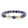 Bratara pe elastic Perle de cultura, bumbi aurii si Sodalit sfere 8mm, imagine 2