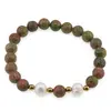 Bratara pe elastic Perle de cultura, bumbi aurii si Unakit sfere 8mm