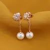 Cercei cupru placat cu aur roz 18k atarnatori cu perla de mallorca si floar din zirconii, imagine 2