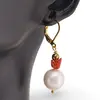 Cercei cu agatatoare Perle de cultura sfere neuniforme 10-15mm si Coral rosu 5-7mm, imagine 2