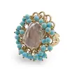 Inel reglabil cu perla de cultura si margele turcoaz model floare, auriu