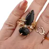 Inel reglabil statement dublu cu Obsidian negru si zirconii, auriu, imagine 3