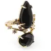 Inel reglabil statement dublu cu Obsidian negru si zirconii, auriu