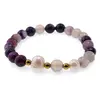 Bratara pe elastic Perle de cultura, bumbi aurii si Agat mov sfere fatetate 8mm, imagine 2
