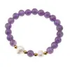 Bratara pe elastic Perle de cultura, bumbi aurii si Ametist sfere 8mm