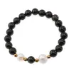 Bratara pe elastic Perle de cultura, bumbi aurii si Obsidian auriu sfere 8mm