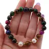Bratara pe elastic Perle de cultura, bumbi aurii si Ochi de tigru colorat sfere 8mm, imagine 4