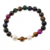Bratara pe elastic Perle de cultura, bumbi aurii si Ochi de tigru colorat sfere 8mm