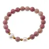 Bratara pe elastic Perle de cultura, bumbi aurii si Rodonit roz sfere 8mm