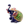 Statueta Elefant stand jos, metal emailat, albastru cu verde - 8cm