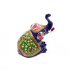 Statueta Elefant stand jos, metal emailat, albastru cu verde - 8cm
