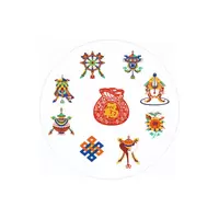 Abtibild sticker Feng Shui cu cele 8 simboluri tibetane si sacul abundentei - 5cm