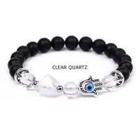 Bratara Feng Shui pe elastic cu Hamsa si ochi protector, onix negru mat si piramida din cristal de stanca, 19cm