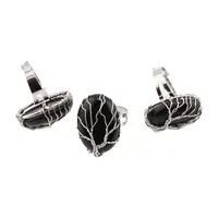 Inel reglabil din Obsidian cu montura pomul vietii, 28mm